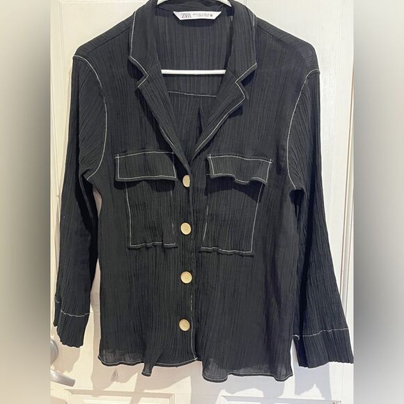 Zara Black and White Contrast Stitch Button Up Collared Crinkled Blouse Small - Picture 1 of 6